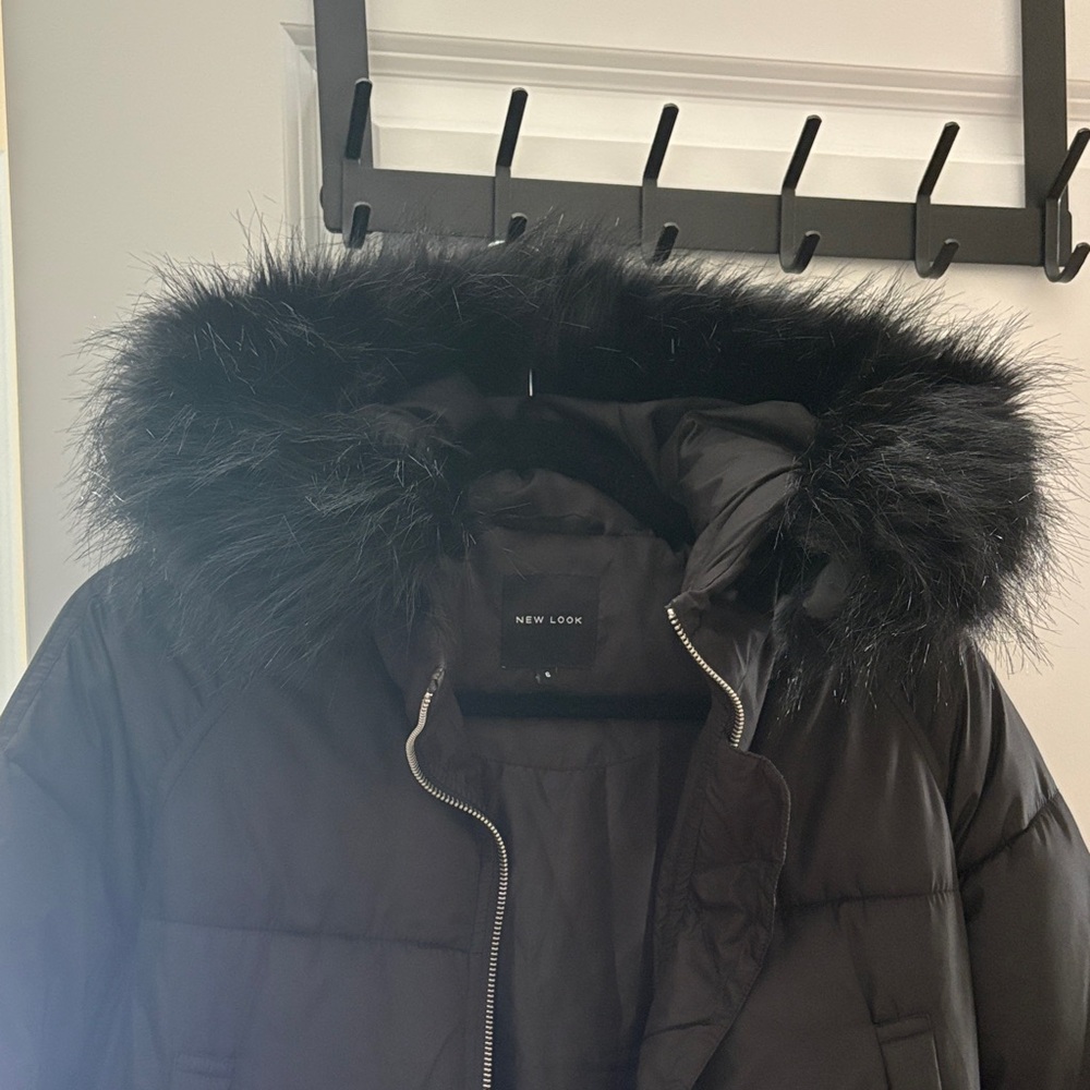 New Look Black Hooded Puffer Coat with Faux-Fur Trim